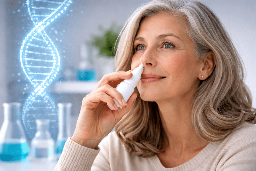 Woman using a nasal spray, with a glowing DNA double helix in the background, in a lab setting.