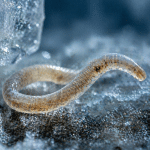 Close-up of a translucent worm on blue ice with frost crystals nearby.