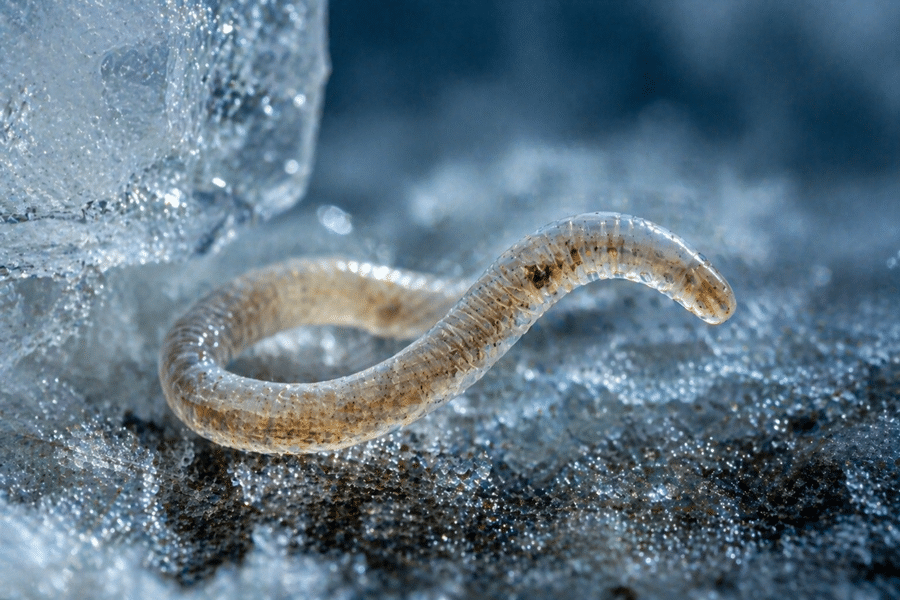 Close-up of a translucent worm on blue ice with frost crystals nearby.