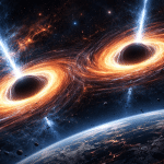 Two bright accreting black holes with glowing orange disks and jets shooting upward, set above a curved Earth-like planet.