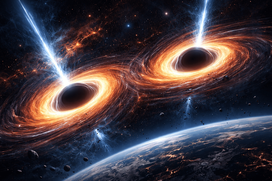 Two bright accreting black holes with glowing orange disks and jets shooting upward, set above a curved Earth-like planet.