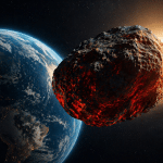 Earth viewed from space with a large fiery asteroid passing close on the right side of the frame.