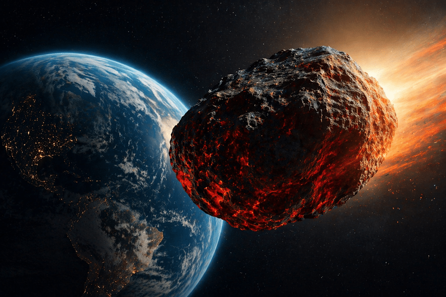 Earth viewed from space with a large fiery asteroid passing close on the right side of the frame.