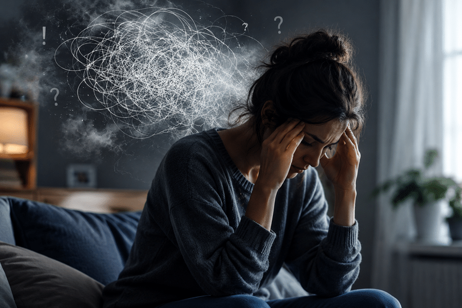 Woman sitting on a couch, holding her head in distress as tangled scribbles and question marks float above her, signaling worry or confusion.