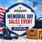 Promotional banner: Amazon Memorial Day Sales Event with patriotic decor and 'Up to 40% Off' text.