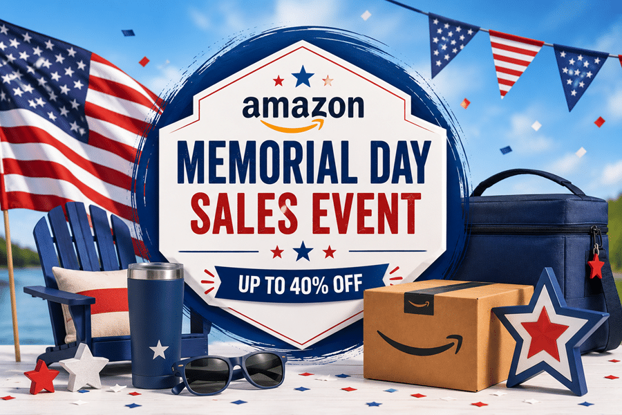 Promotional banner: Amazon Memorial Day Sales Event with patriotic decor and 'Up to 40% Off' text.