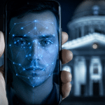 Man’s face shown on a smartphone screen with a blue facial-recognition network overlay.