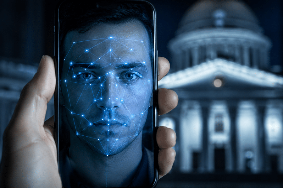 Man’s face shown on a smartphone screen with a blue facial-recognition network overlay.