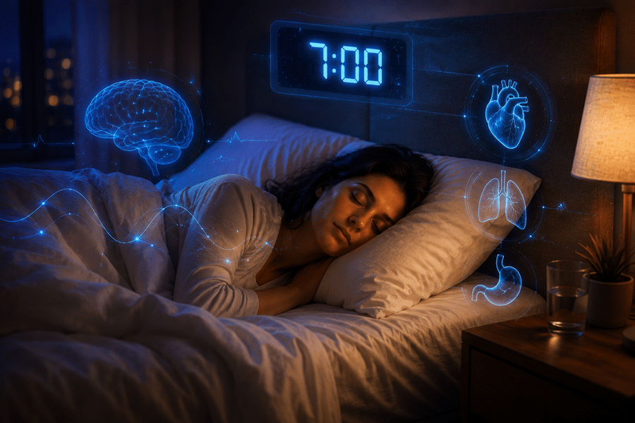 Person sleeping in bed with blue holographic medical icons (brain, heart, lungs, stomach) and a 7:00 timer hovering around the sleeper.