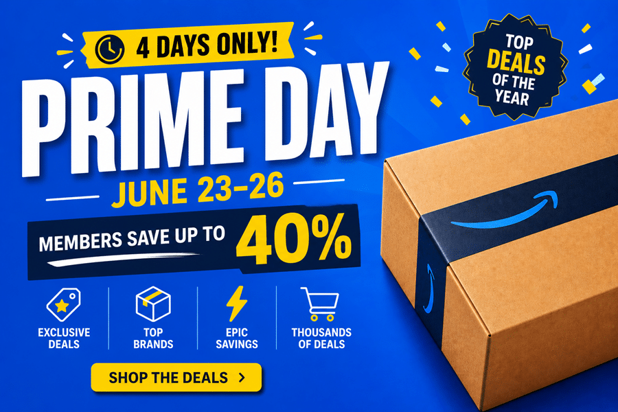 Prime Day banner: June 23–26, up to 40% off for members, with icons for exclusive deals, top brands and epic savings.